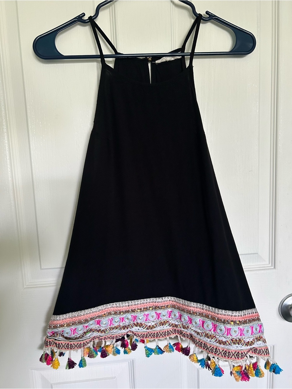 Entro Black Tank Top with Multicolor Embroidered Tassel Hem| Women’s Large - Picture 2 of 3